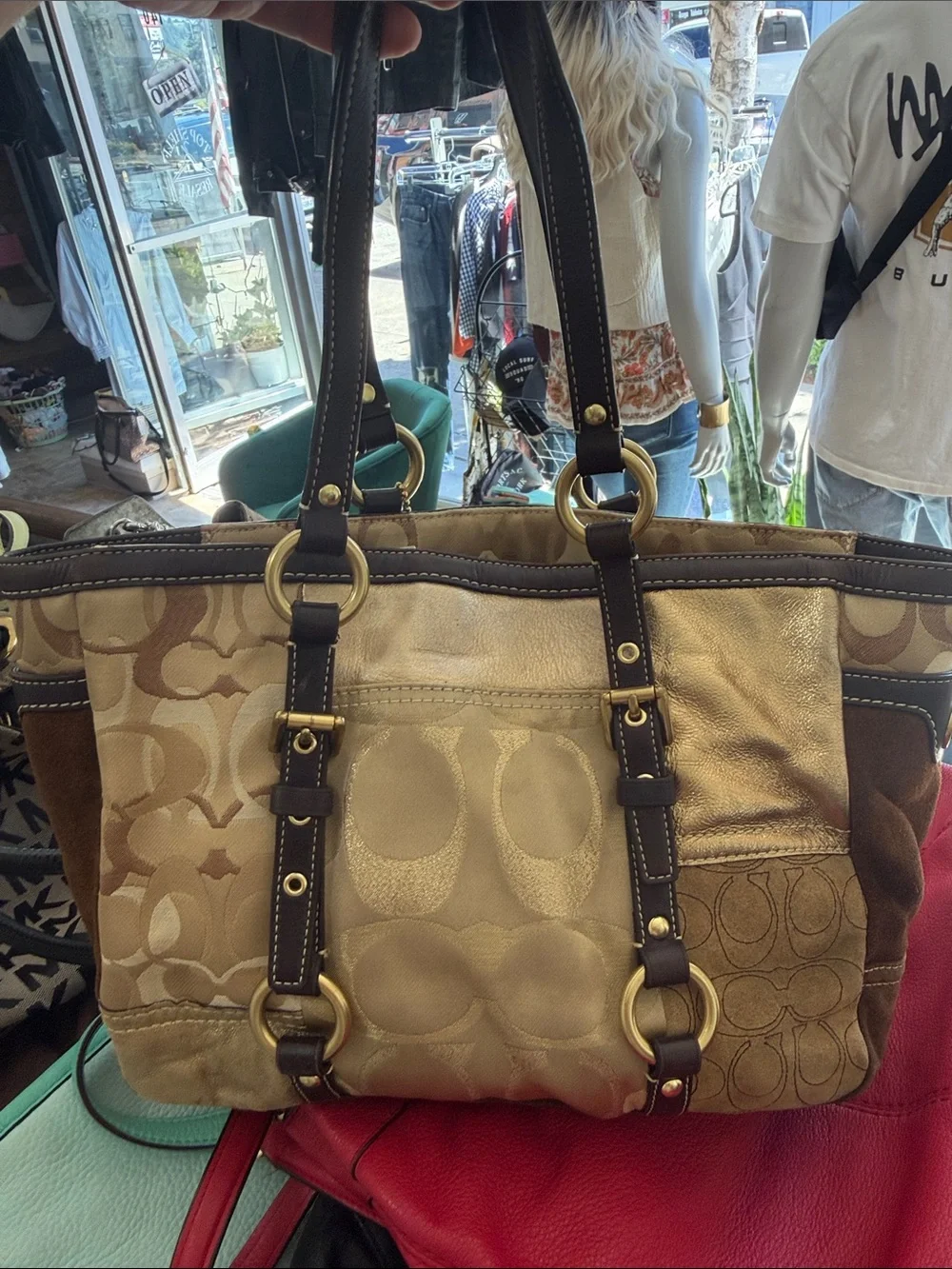 Coach Patchwork Signature Shoulder Tote in Metallic Gold and Brown Leather Trim